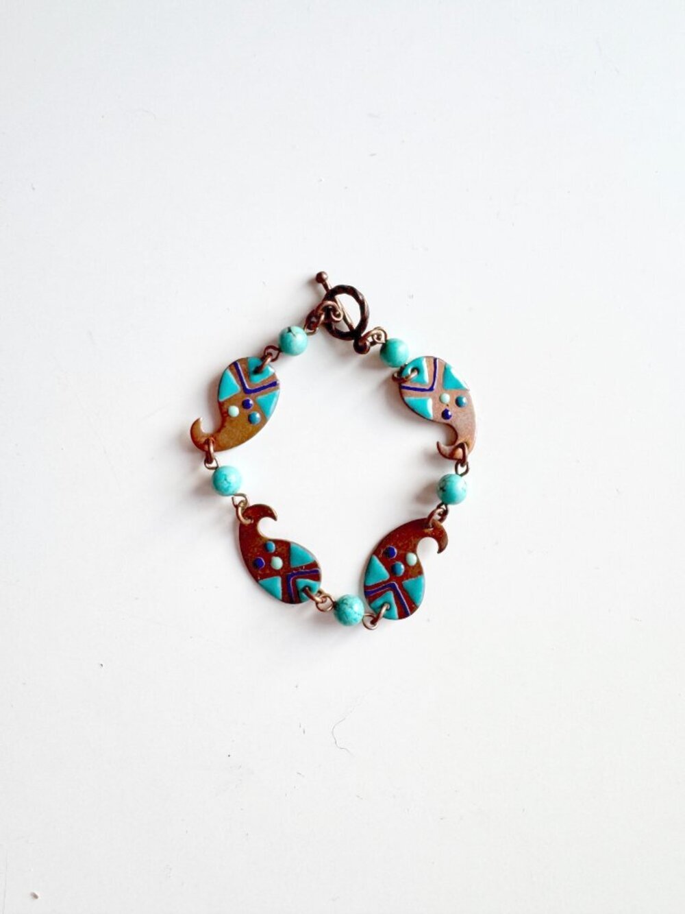 Vintage K.A Copper Turquoise Enamel Painted Beaded Chain Link Bracelet